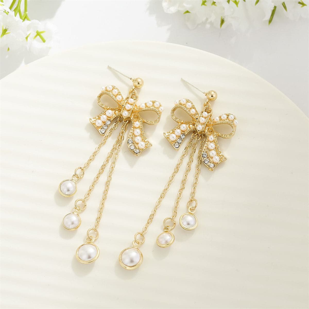 Pearl & Cubic Zirconia Goldtone Bow Triple-Tassel Drop Earrings