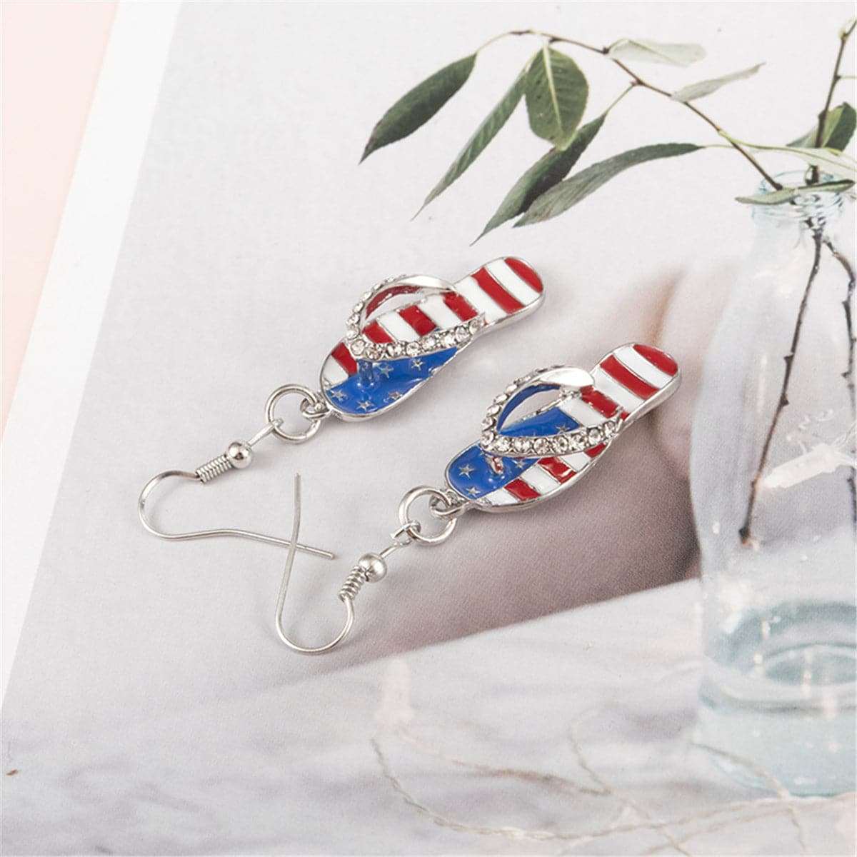 Blue & Red Cubic Zirconia & Enamel Flip-Flop Drop Earrings