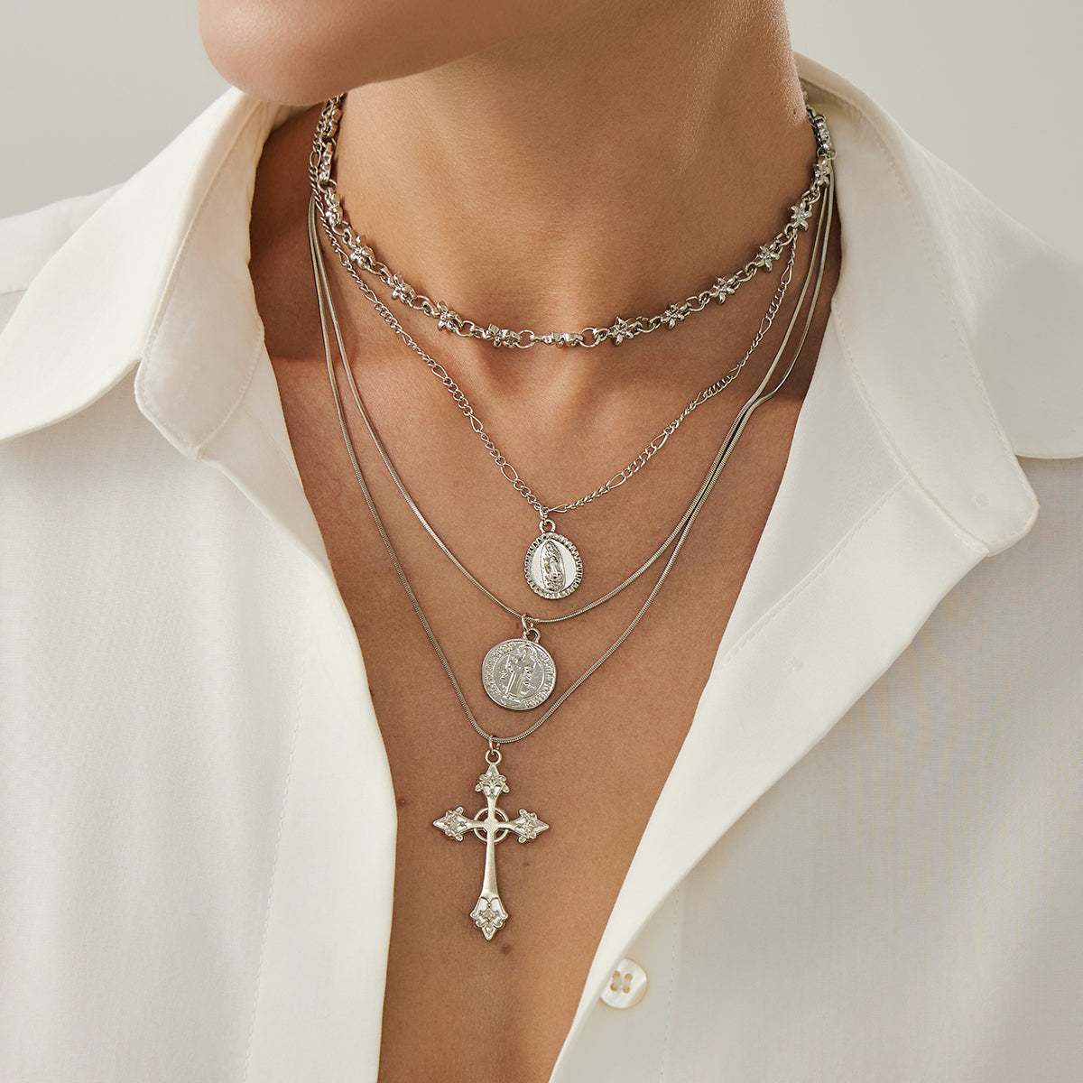 Silvertone Flower Station Coin Cross Pendant Necklace Set