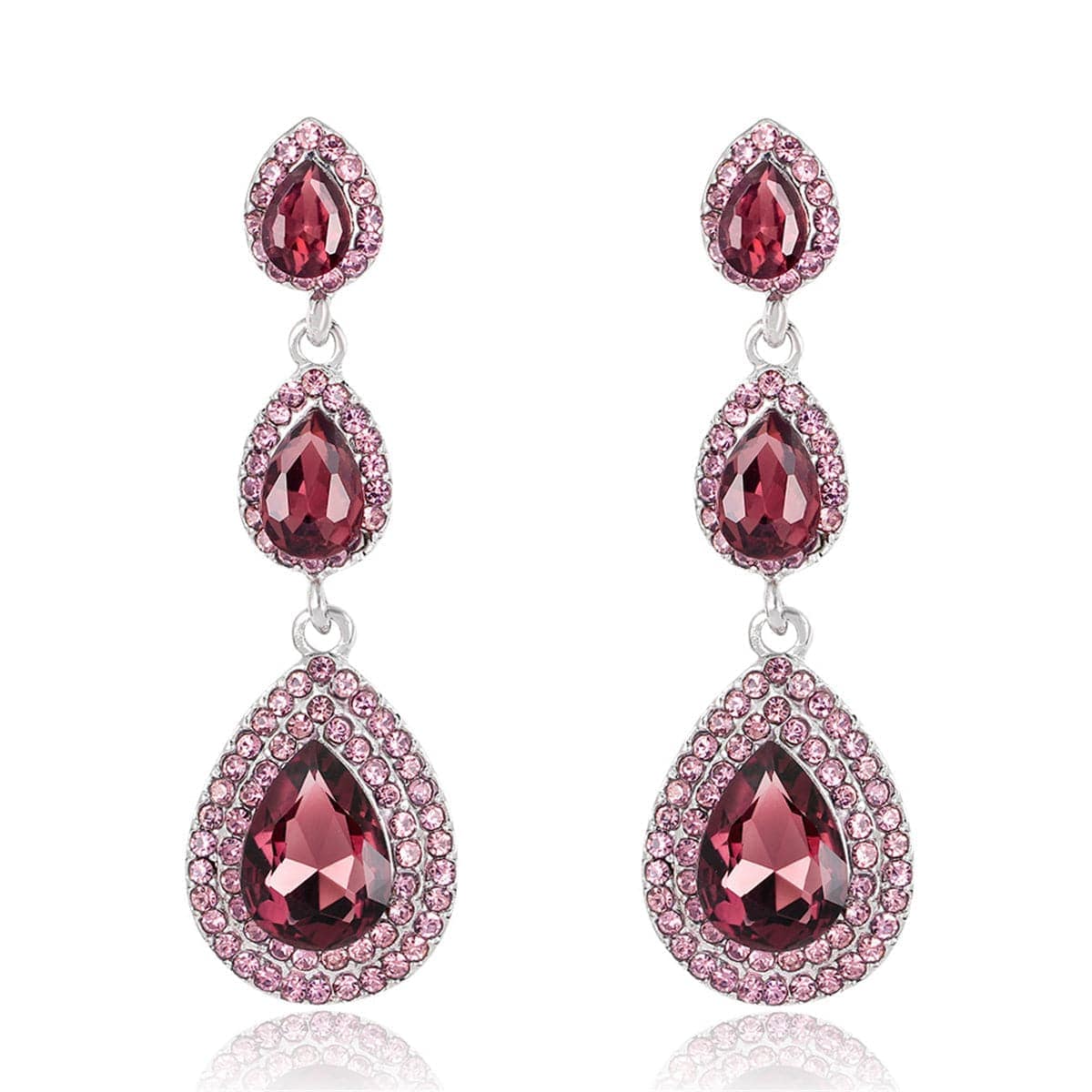 Burgundy Crystal & Cubic Zirconia Halo Stacked Teardrop Earrings