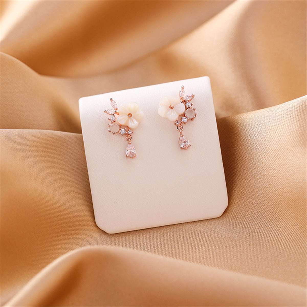 Cubic Zirconia & Pink Cat's Eye Goldtone Flower Drop Earrings