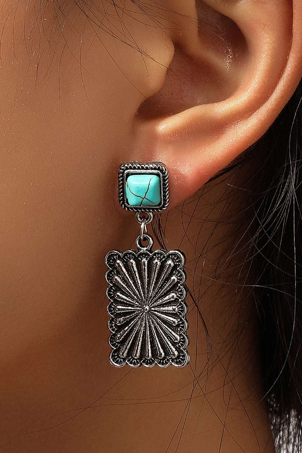 Silvery Retro Western Geometric Turquoise Stud Earrings - Silvery