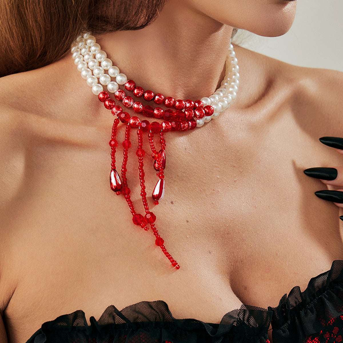 Red Acrylic & Enamel Pearl Silvertone Tassel Layered Necklace