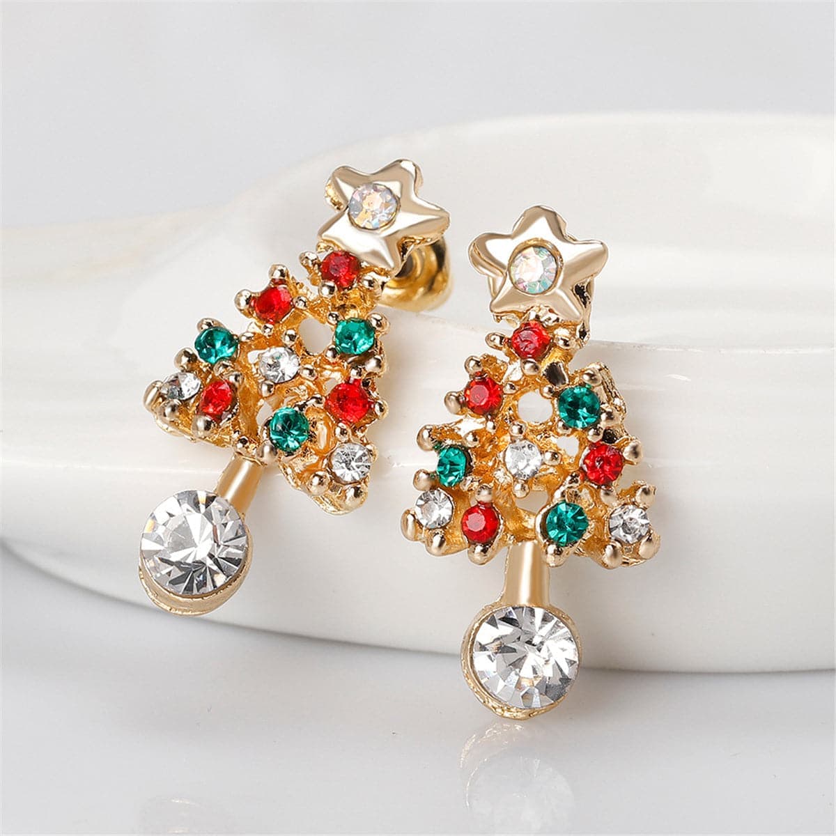 Cubic Zirconia & Goldtone Christmas Tree Dangle Drop Earring
