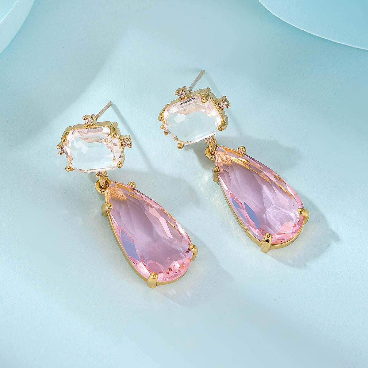 Pink Crystal & Cubic Zirconia Goldtone Rectangle Drop Earrings