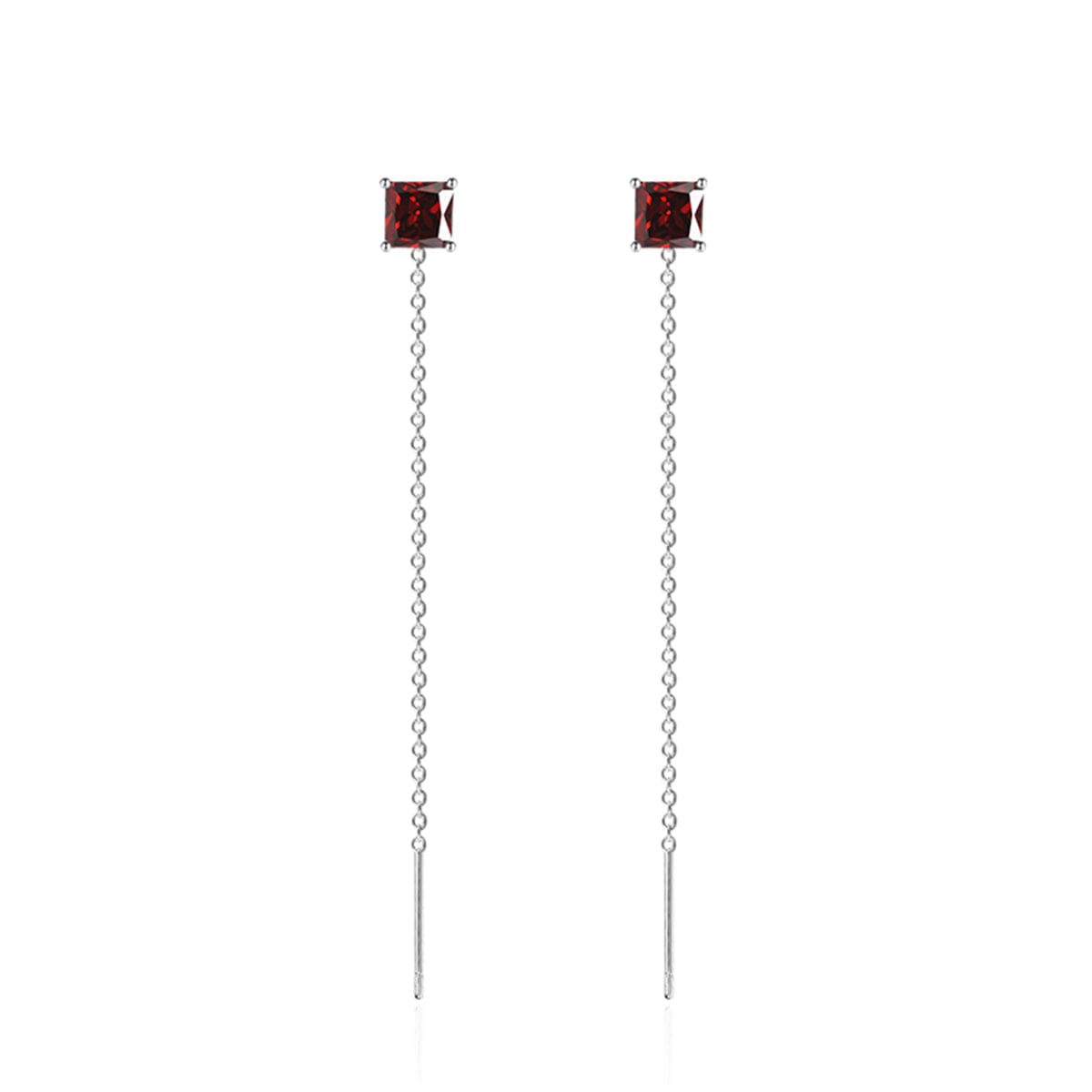Red Crystal & Silvertone Cube Threader Earrings