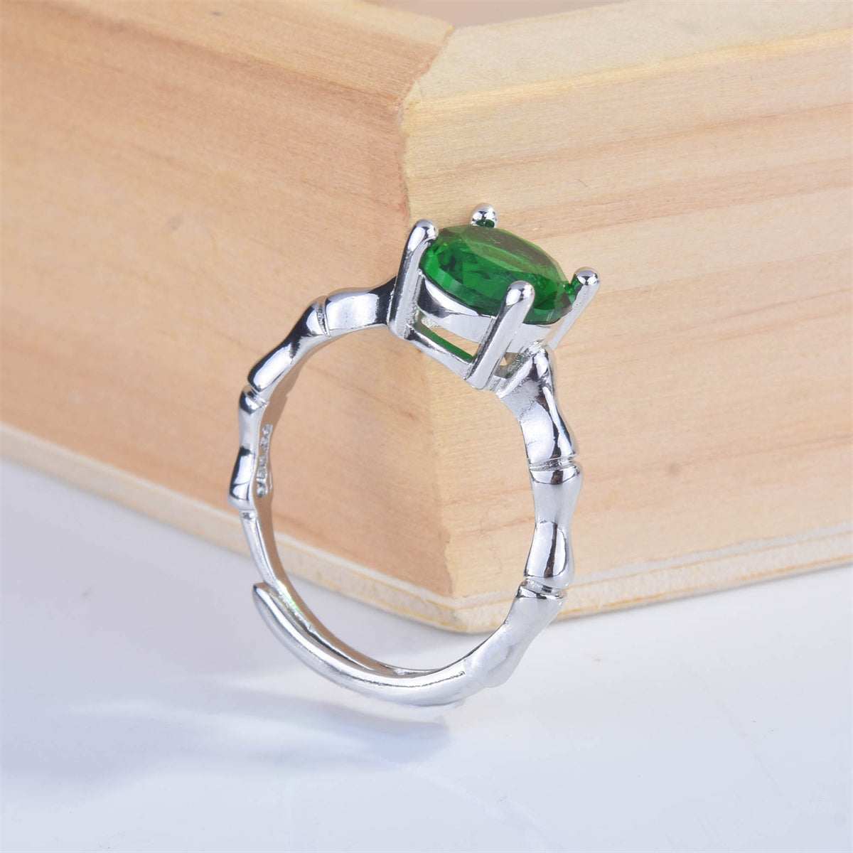 Green Crystal & Silvertone Round-Cut Adjustable Ring