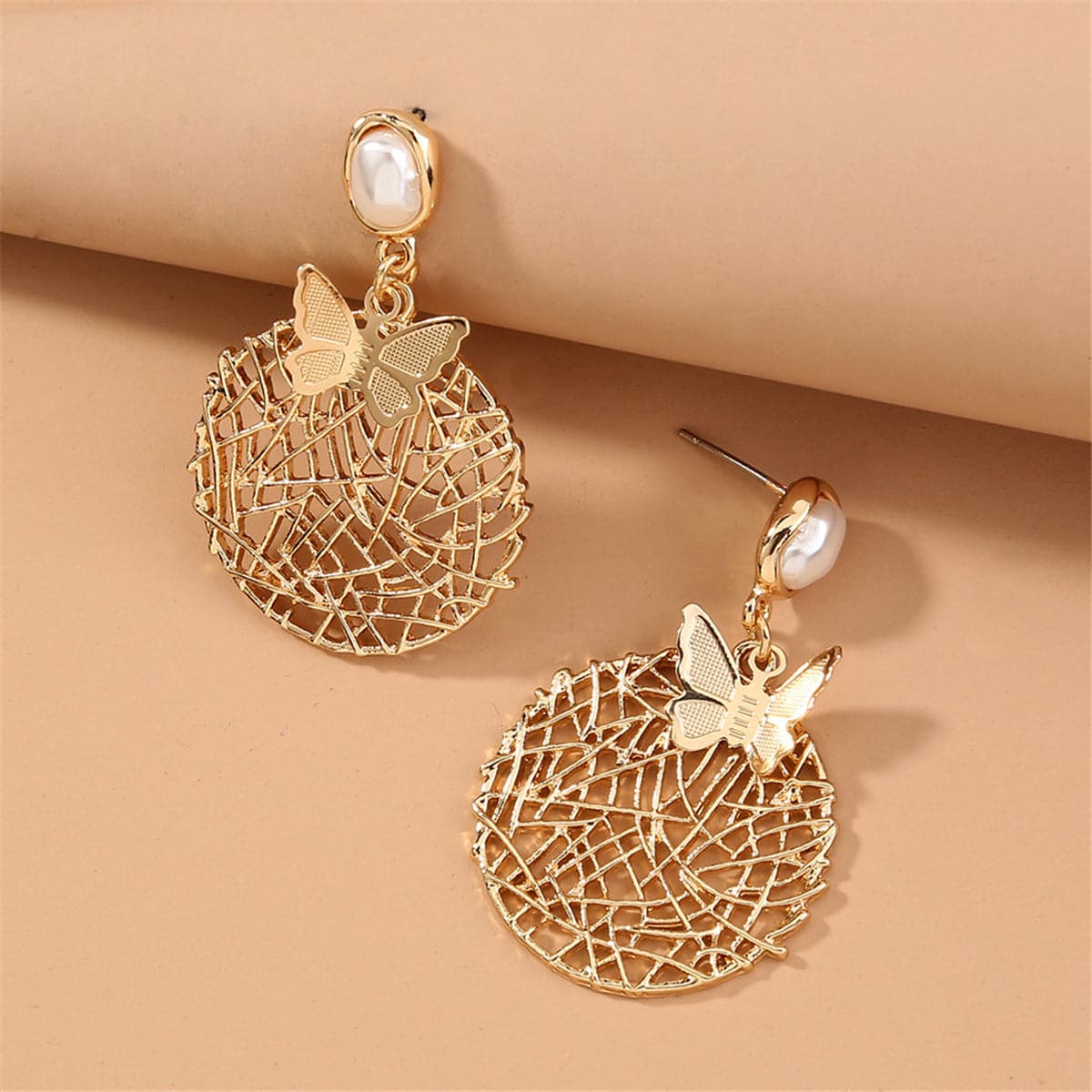 Pearl & Goldtone Butterfly-Web Drop Earrings