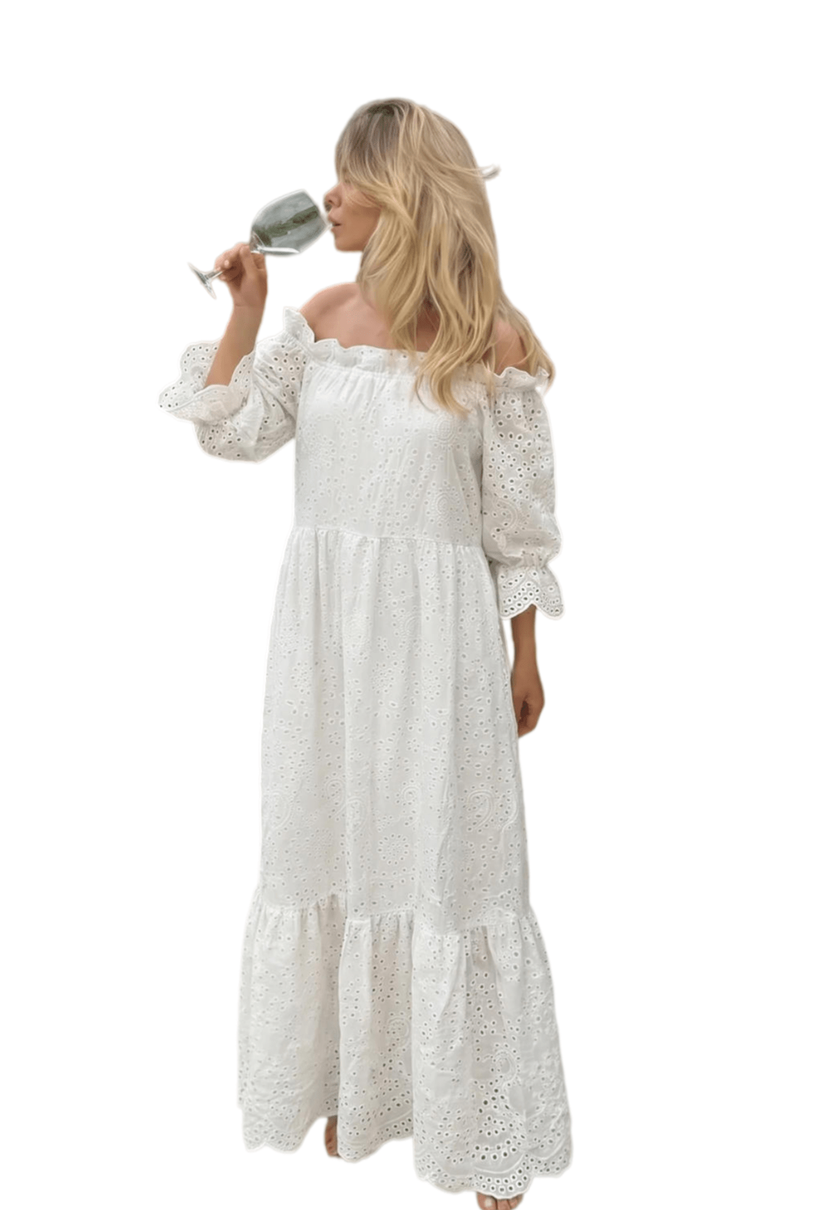 off the shoulder eyelet dress Chic YC Women's Embroidered Off-Shoulder Maxi 3/4 Sleeve Summer Boho Dress White / M hot pink dress around 32 in / Women's Light Grey Sleeveless Strap Material:Rubber