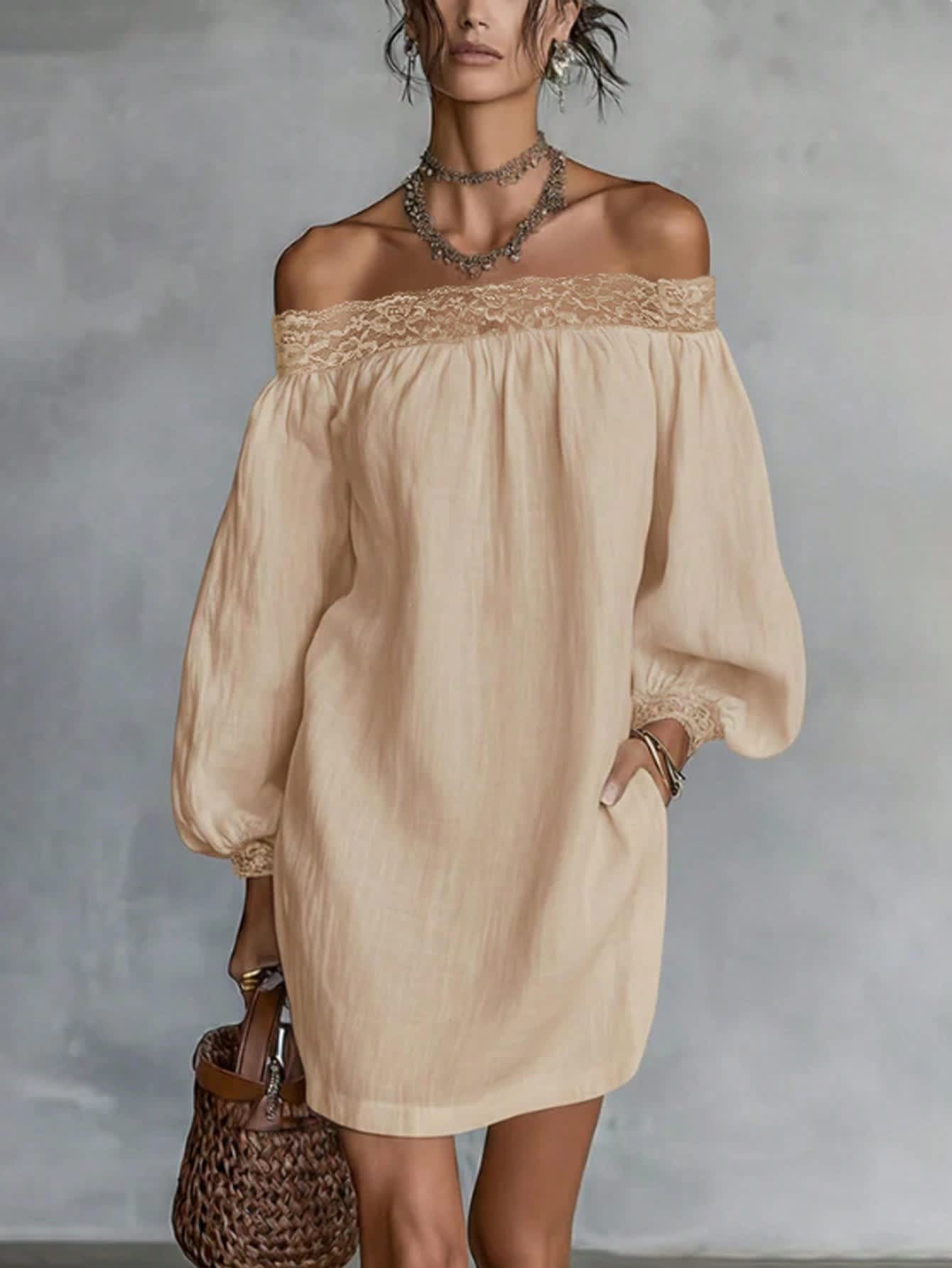 Chic YC Women's Lace Trim Off-Shoulder Long Sleeve Mini Dress Casual S Zulily Chic YC Women's Lace Trim Off-Shoulder Long Sleeve Mini Dress Casual S Zulily
