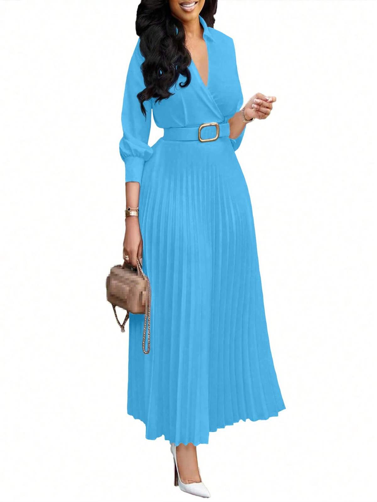 Chic YC Women's 3/4 Sleeve Flared A Line Dress Casual Semi Formal Wedding Guest Office Lady Dresses with Belt White / M