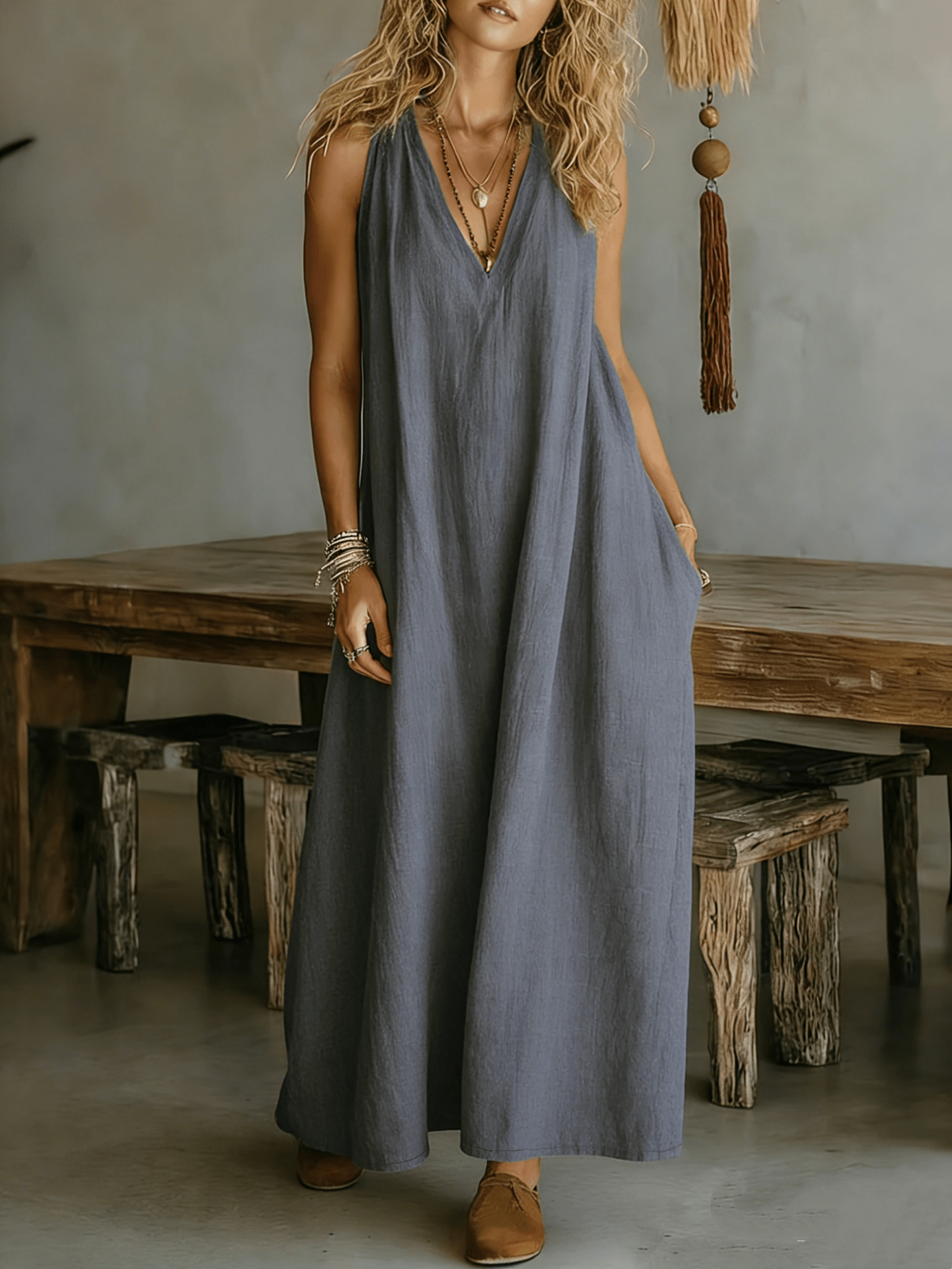 Chic YC Women's Sleeveless V-Neck Linen Blend Maxi Dress Loose Fit Sum   Zulily