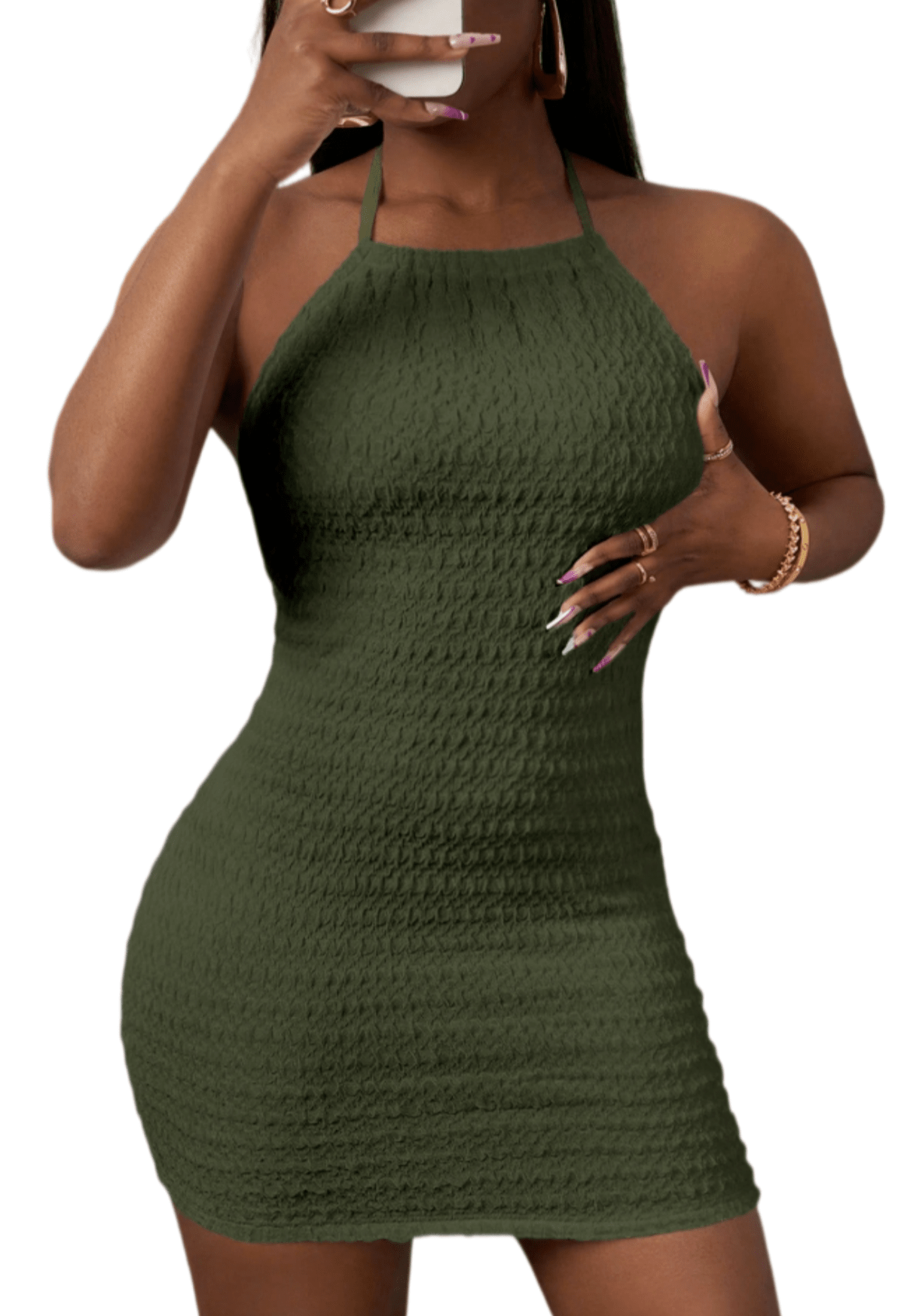 Chic YC Women's Textured Halter Neck Backless Mini Dress Bodycon Summer Party Dress Green / L