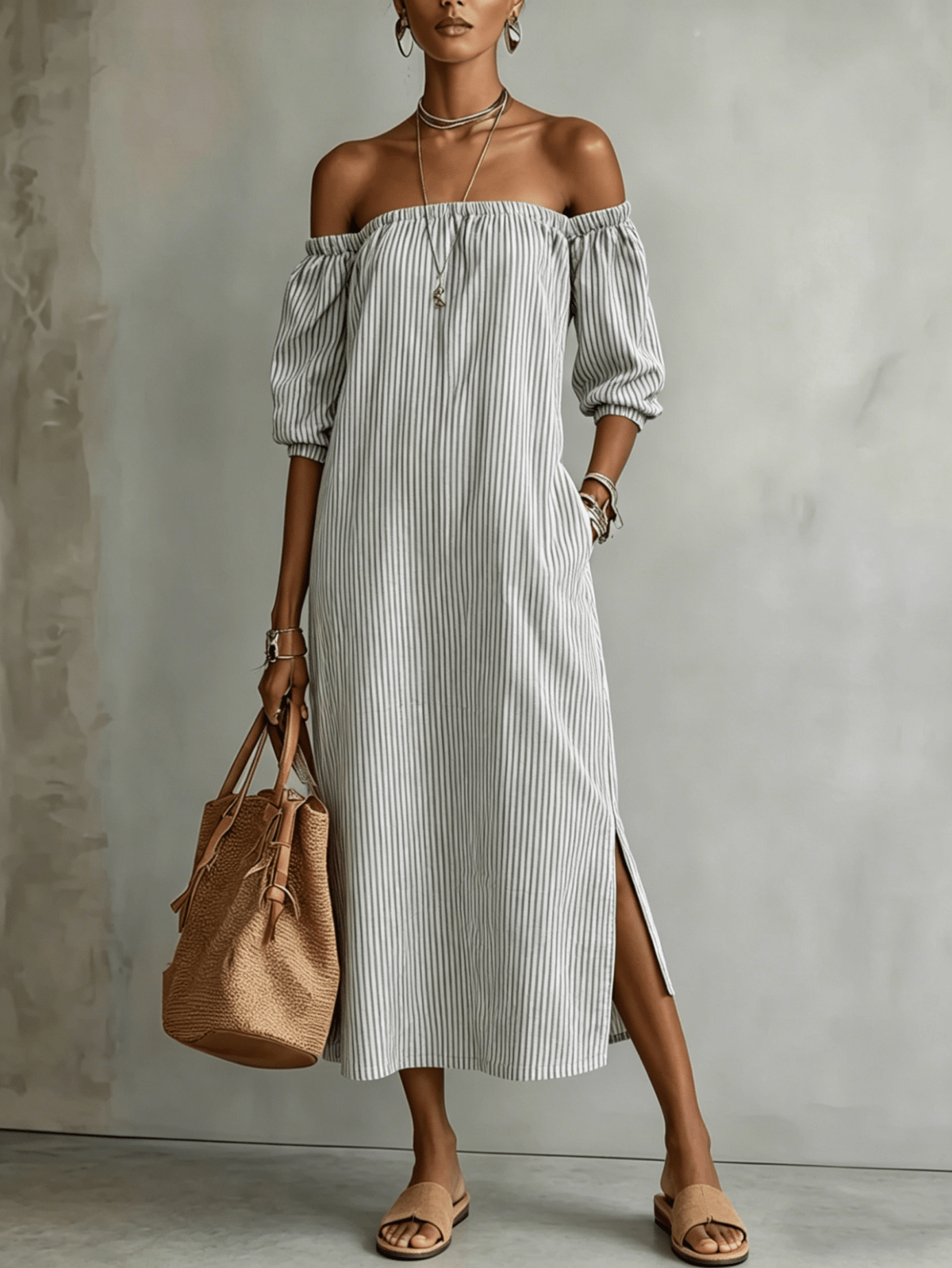 Chic YC Women's Striped Off-Shoulder Maxi Dress 3/4 Sleeve Summer Casu Chic YC Women's Striped Off-Shoulder Maxi Dress 3/4 Sleeve Summer Casu
