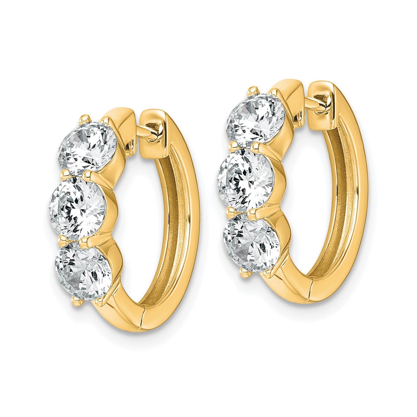 14K Yellow Gold Lab Grown Diamond Three Stone Hoop Earrings 3 Ct