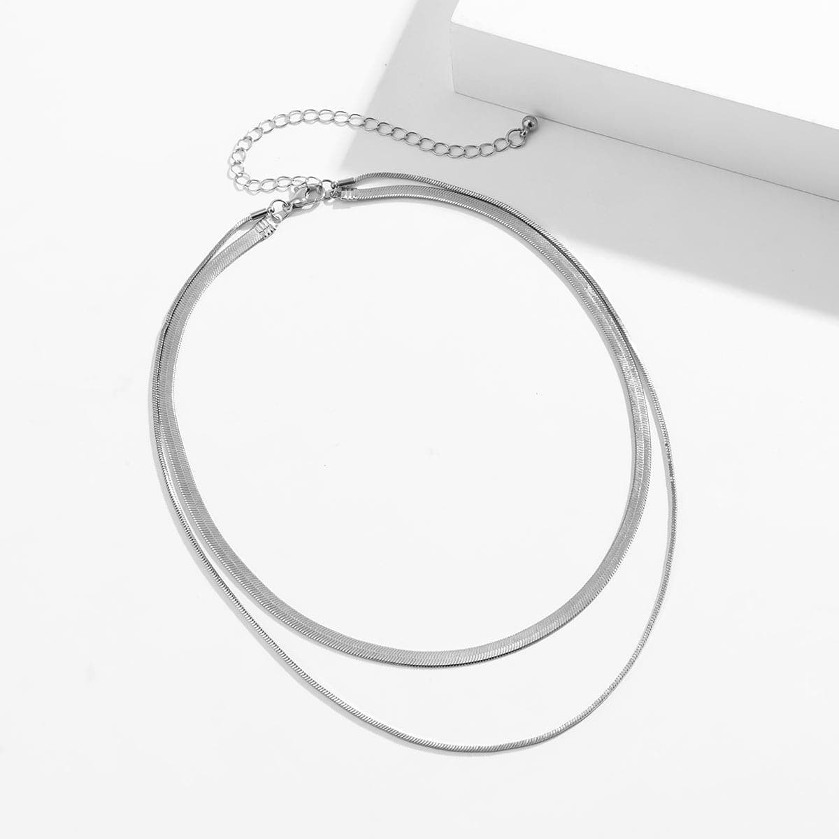 Silvertone Herringbone Chain Double Layered Choker Necklace