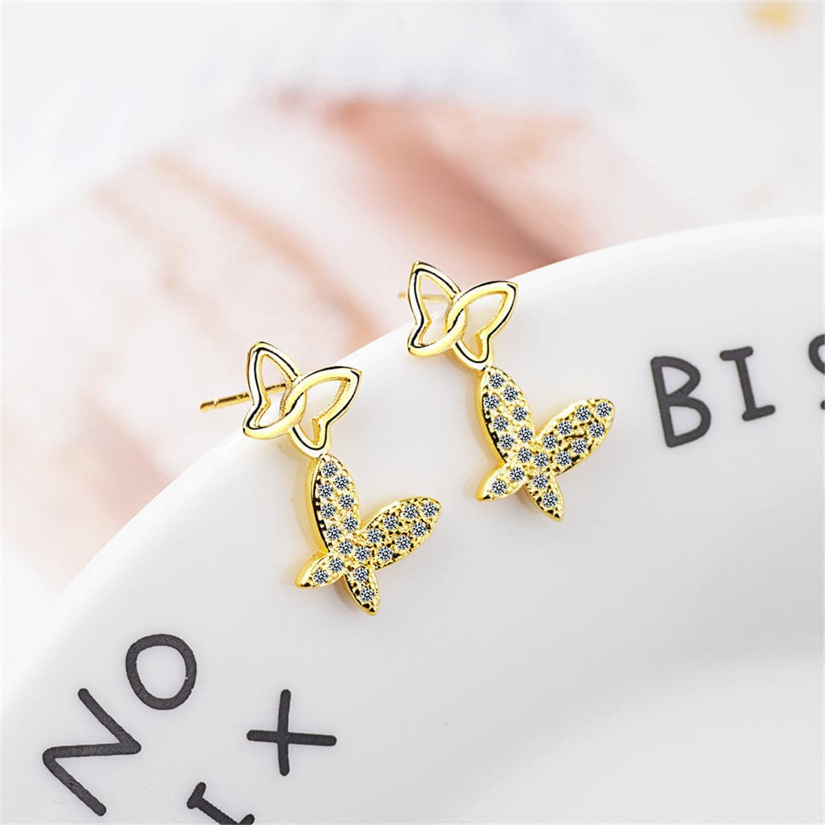 Cubic Zirconia & Goldtone Linking Butterfly Drop Earrings