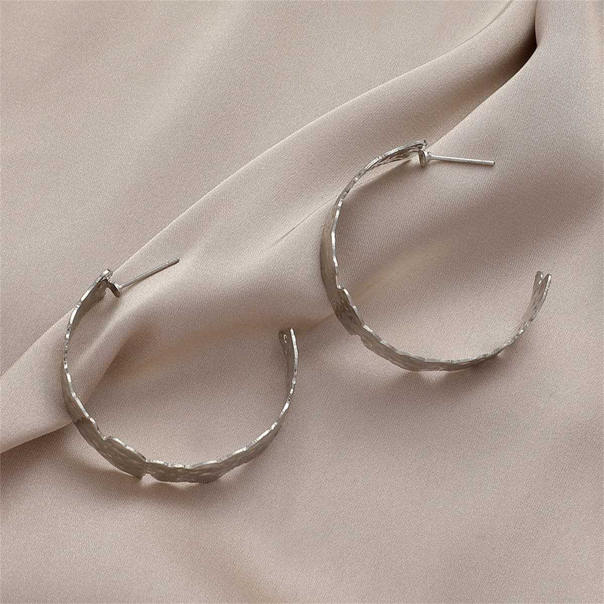 Silvertone Hammered Hoop Earrings