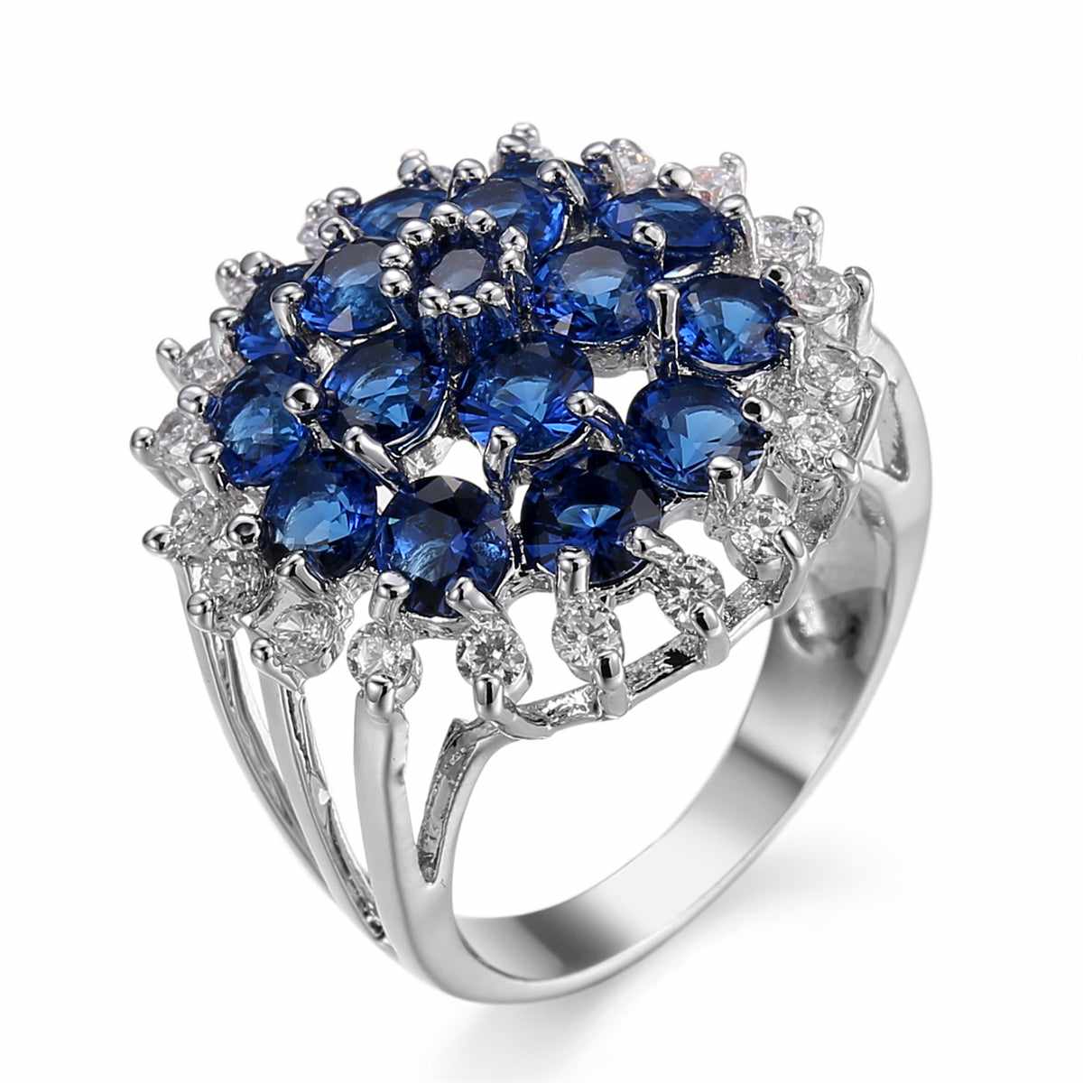 Navy Crystal & Cubic Zirconia Silvertone Floral Ring