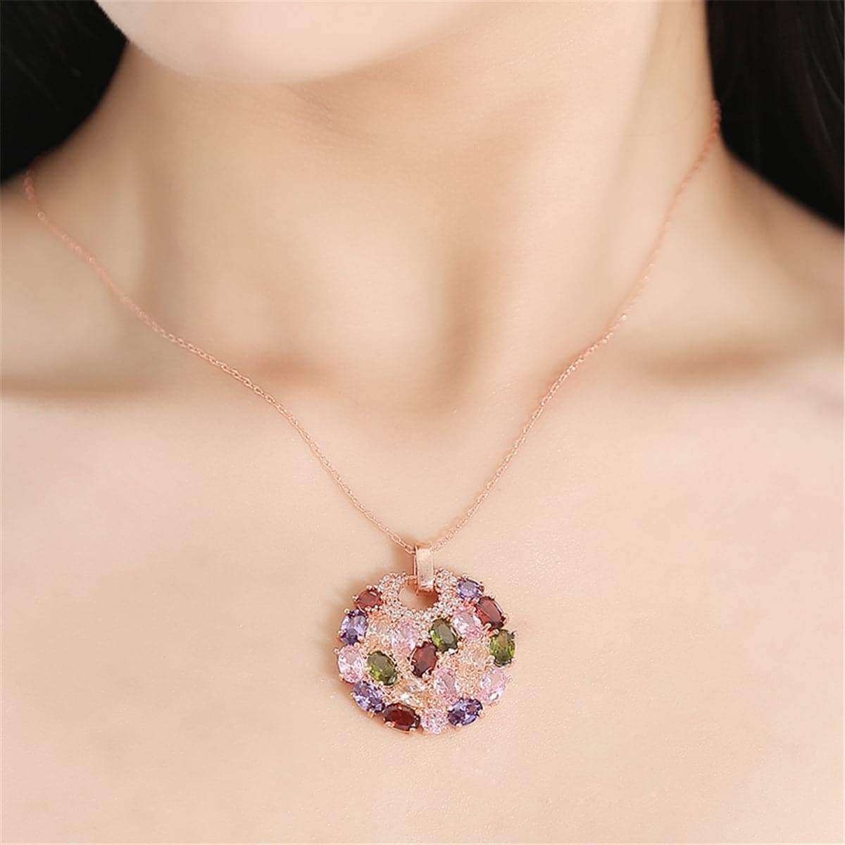 Cubic Zirconia & Crystal Rose Goldtone Flower Round Pendant Necklace
