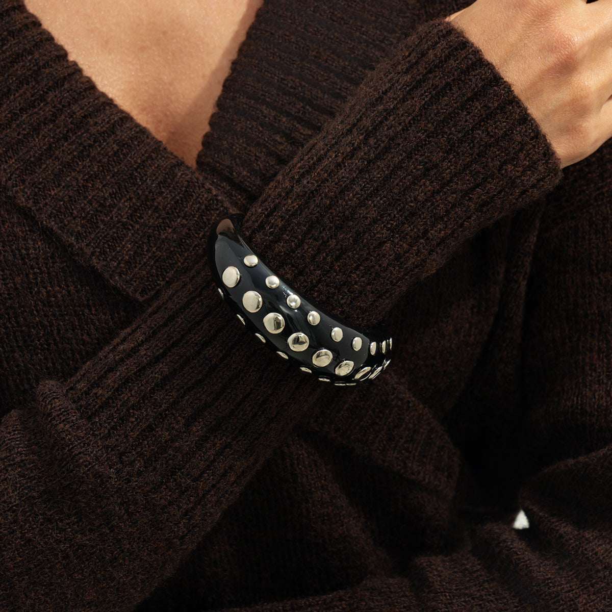 Black Resin & Silvertone Layered Spot Cuff