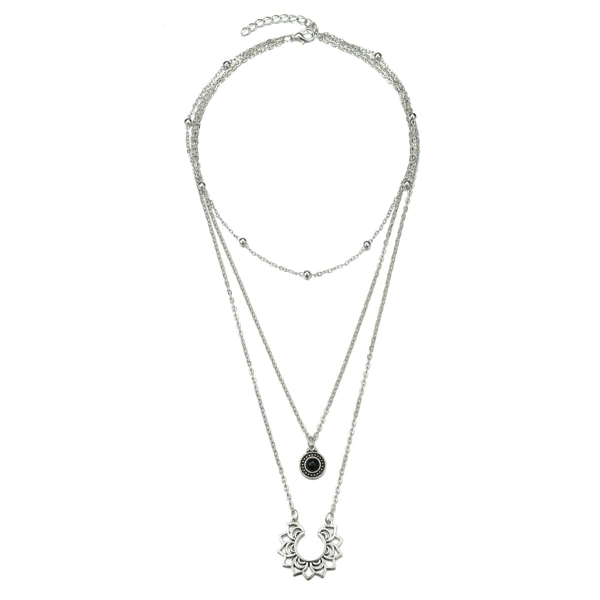 Black Resin & Silvertone Sunflower Layered Pendant Necklace