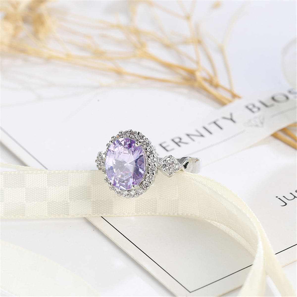 Purple Cubic Zirconia & Crystal Halo Oval Ring