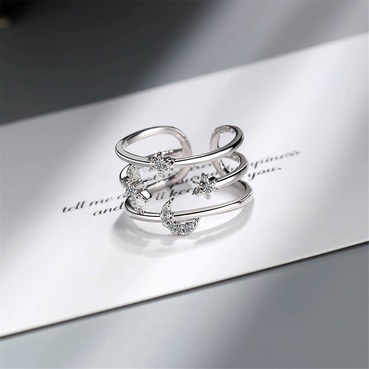 Cubic Zirconia & Silvertone Moon & Sun Open Ring