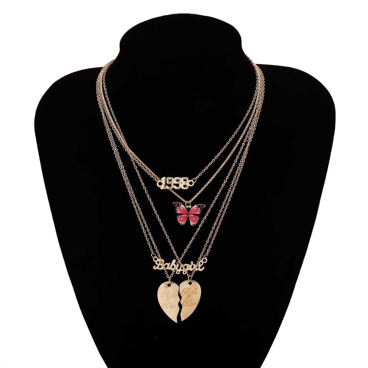 Pink Enamel & Goldtone Butterfly & Heart Pendant Necklace Set