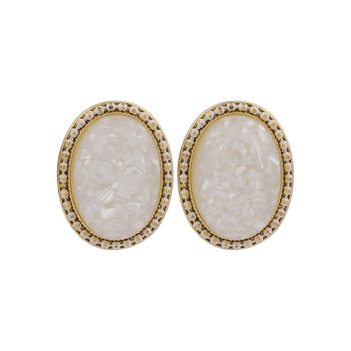 White Resin & Goldtone Oval Stud Earrings
