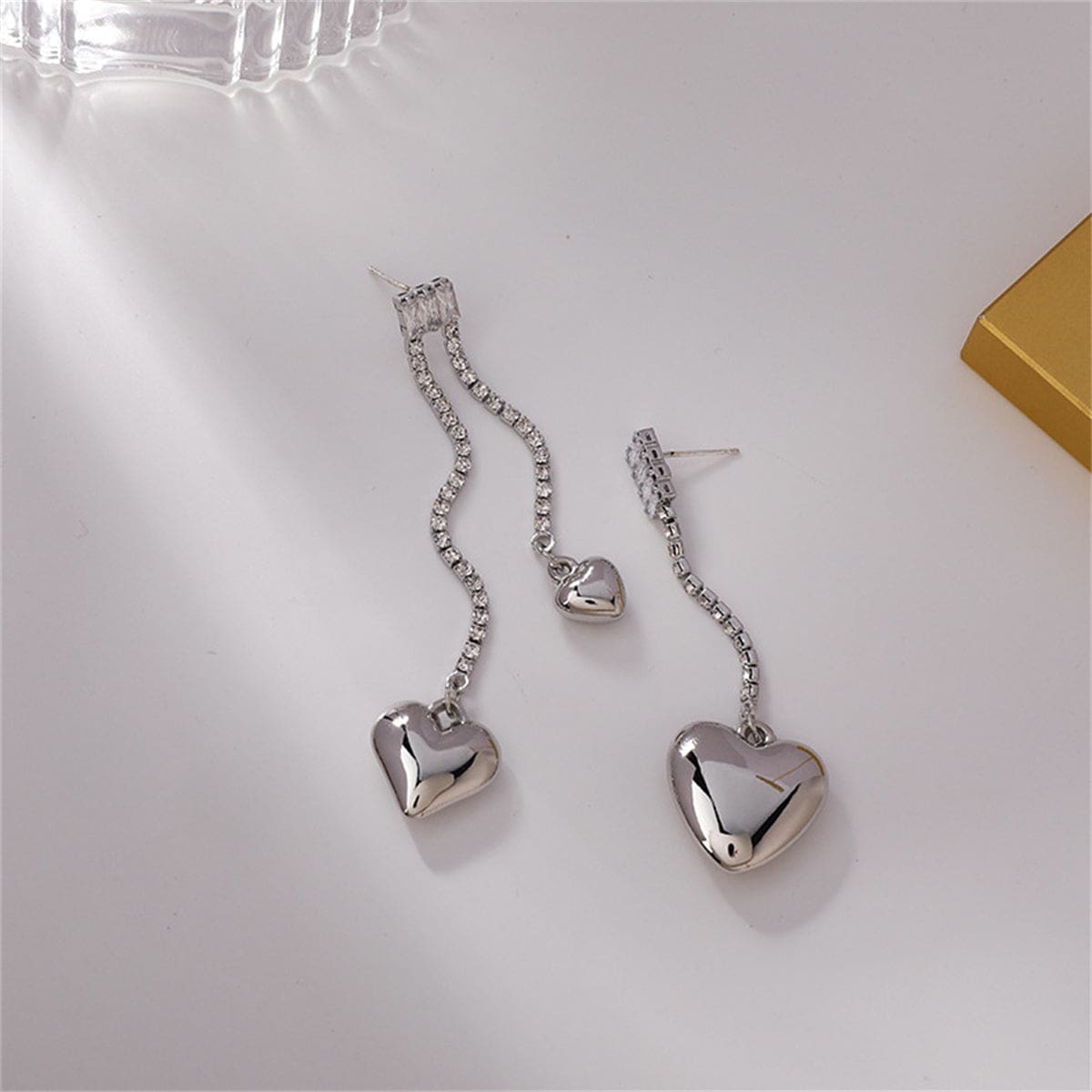 Cubic Zirconia & Silvertone Asymmetric Heart Drop Earrings