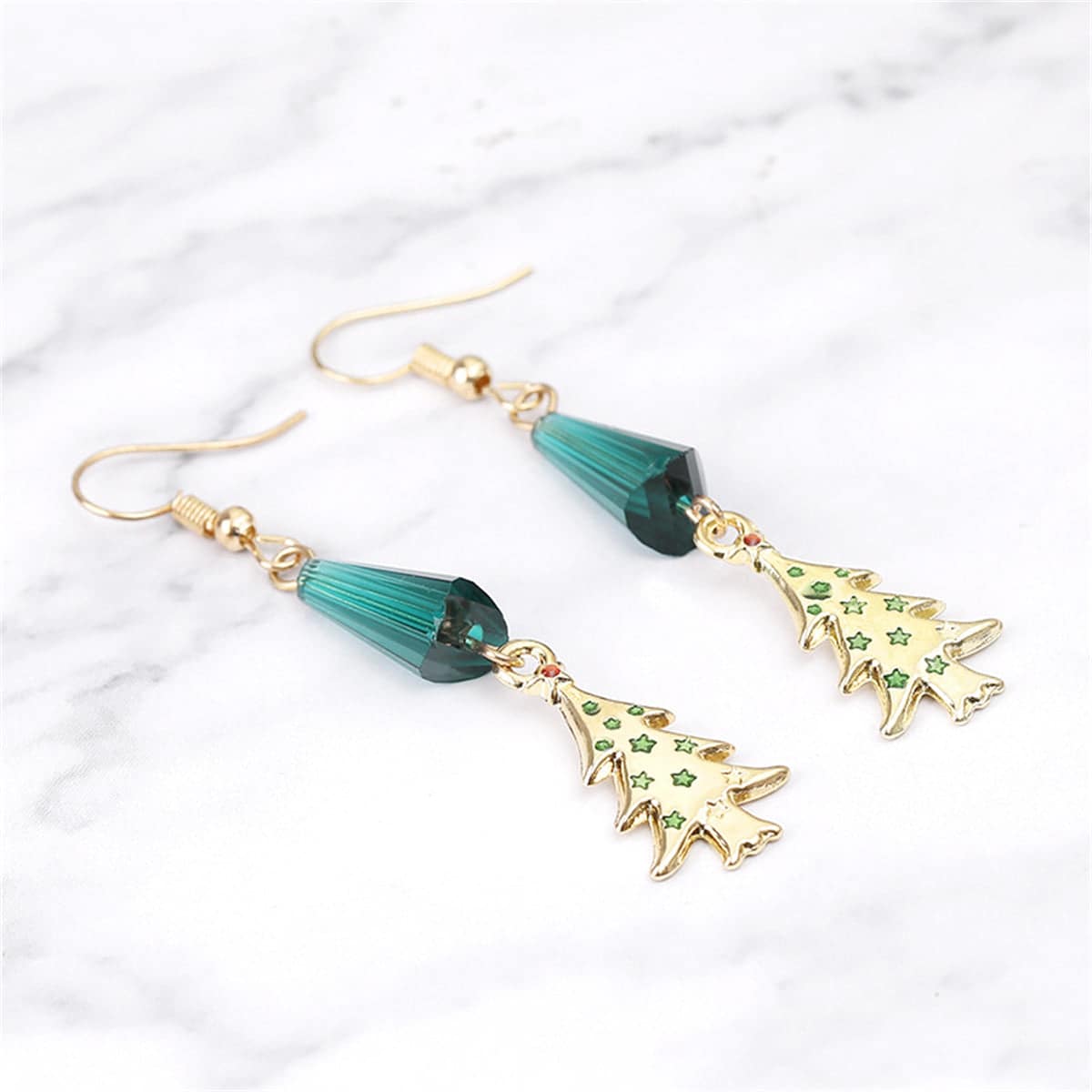Teal Acrylic & Goldtone Christmas Tree Drop Earrings