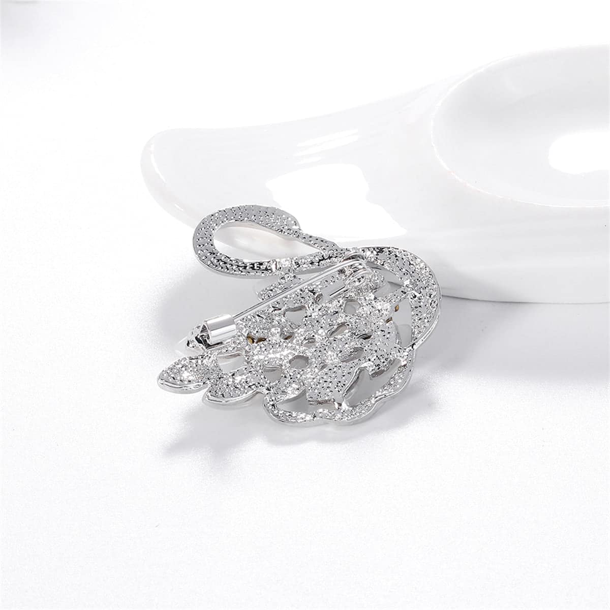 Clear Cubic Zirconia & Silvertone Goose Brooch