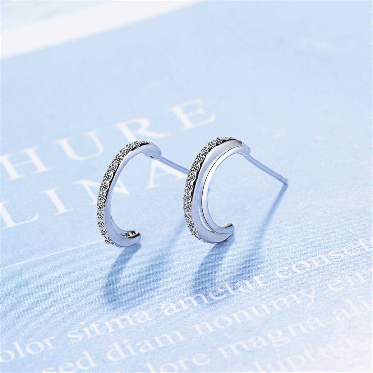 Cubic Zirconia & Silvertone Half-Circle Stud Earrings
