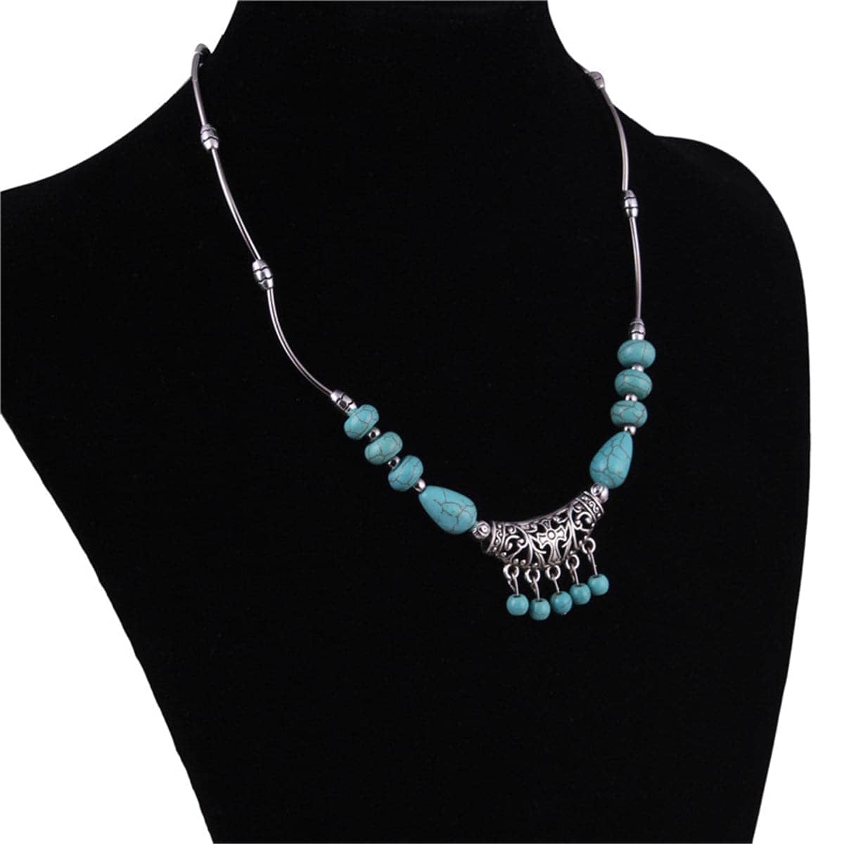Turquoise & Silvertone Tassel Necklace