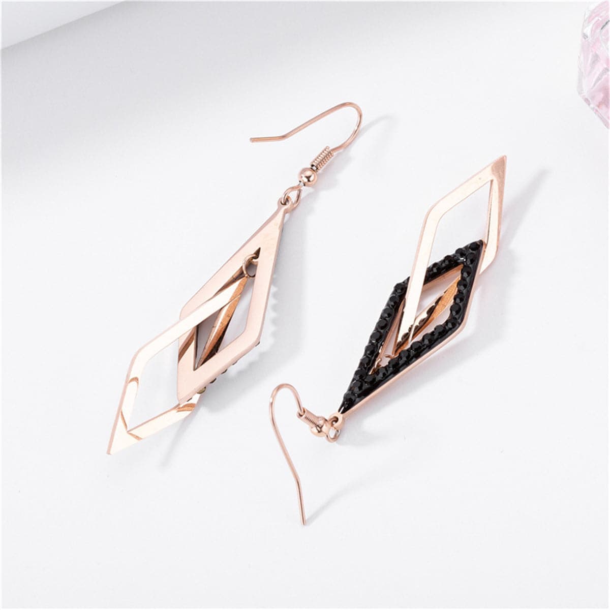 Black & Rose Goldtone Crossing Rhombus Drop Earrings