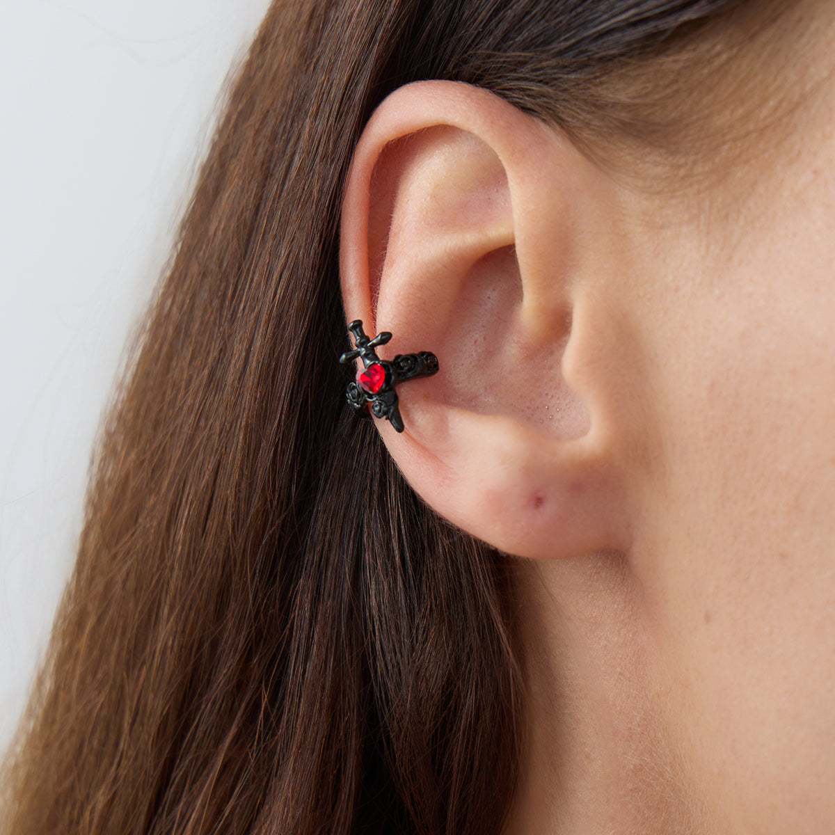 Red Heart Crystal & Blacktone Sword Ear Cuff