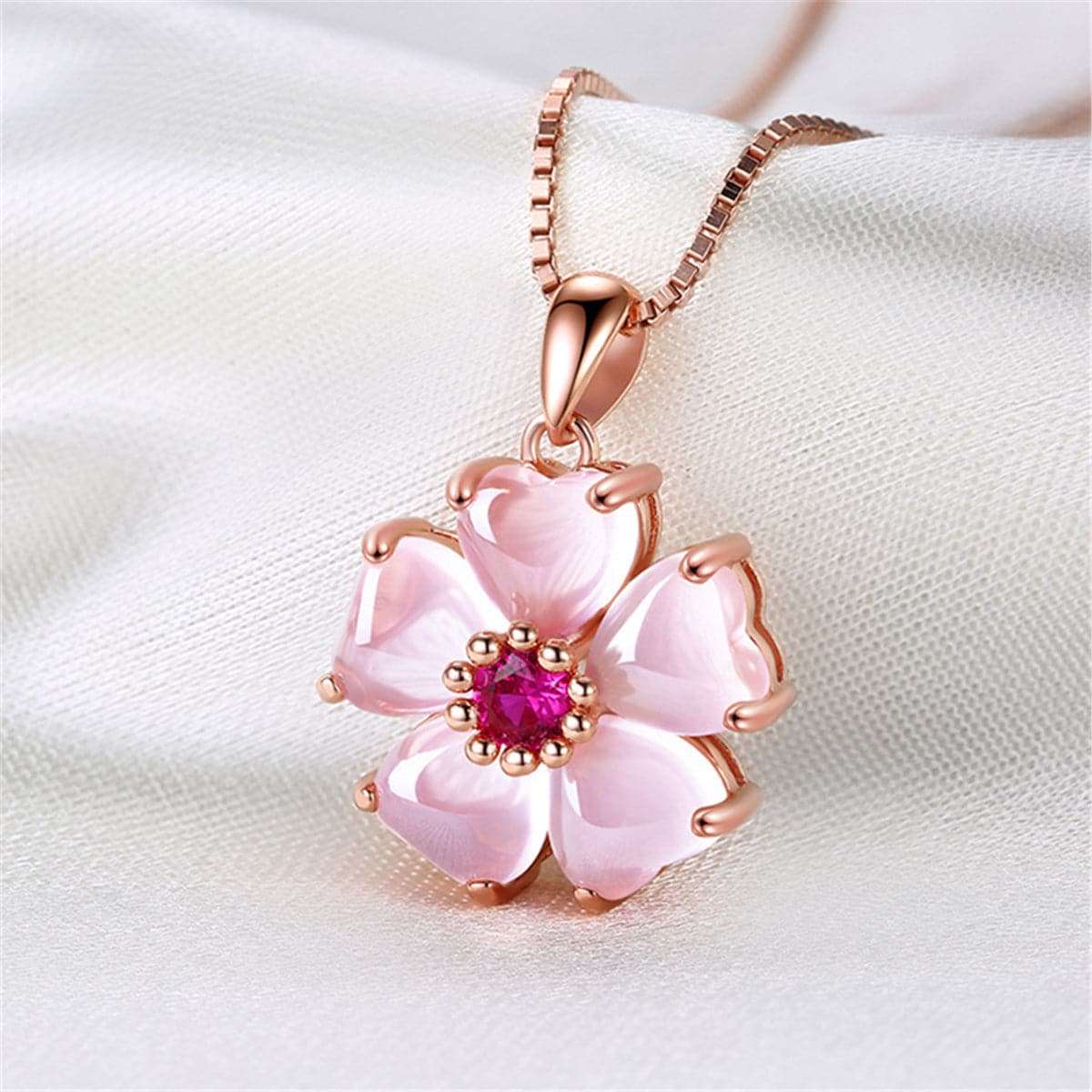 Ross Quartz & Purple Cubic Zirconia Petal Flower Pendant Necklace