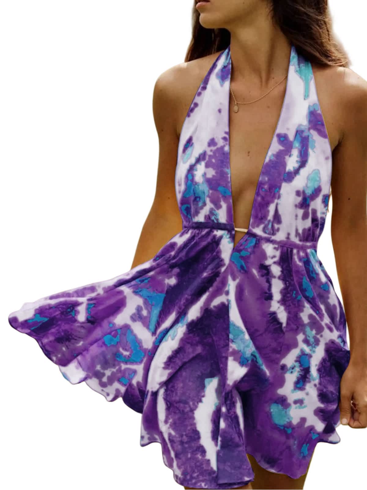 mini dress flowy Chic YC Women's Tie Dye Halter Mini Dress Neck Flowy Ruffle Summer Beach Vacation Party Dress Purple / Medium