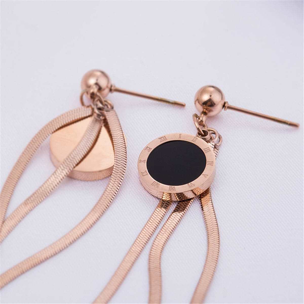 Black & Rose Goldtone Roman Numeral Tassel Drop Earrings