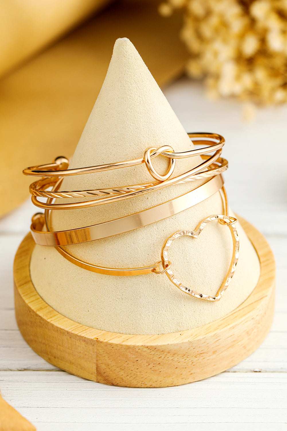Gold Heart Knot Plated Multi Layer Open Cuff Bracelet Set - Gold / ONE SIZE