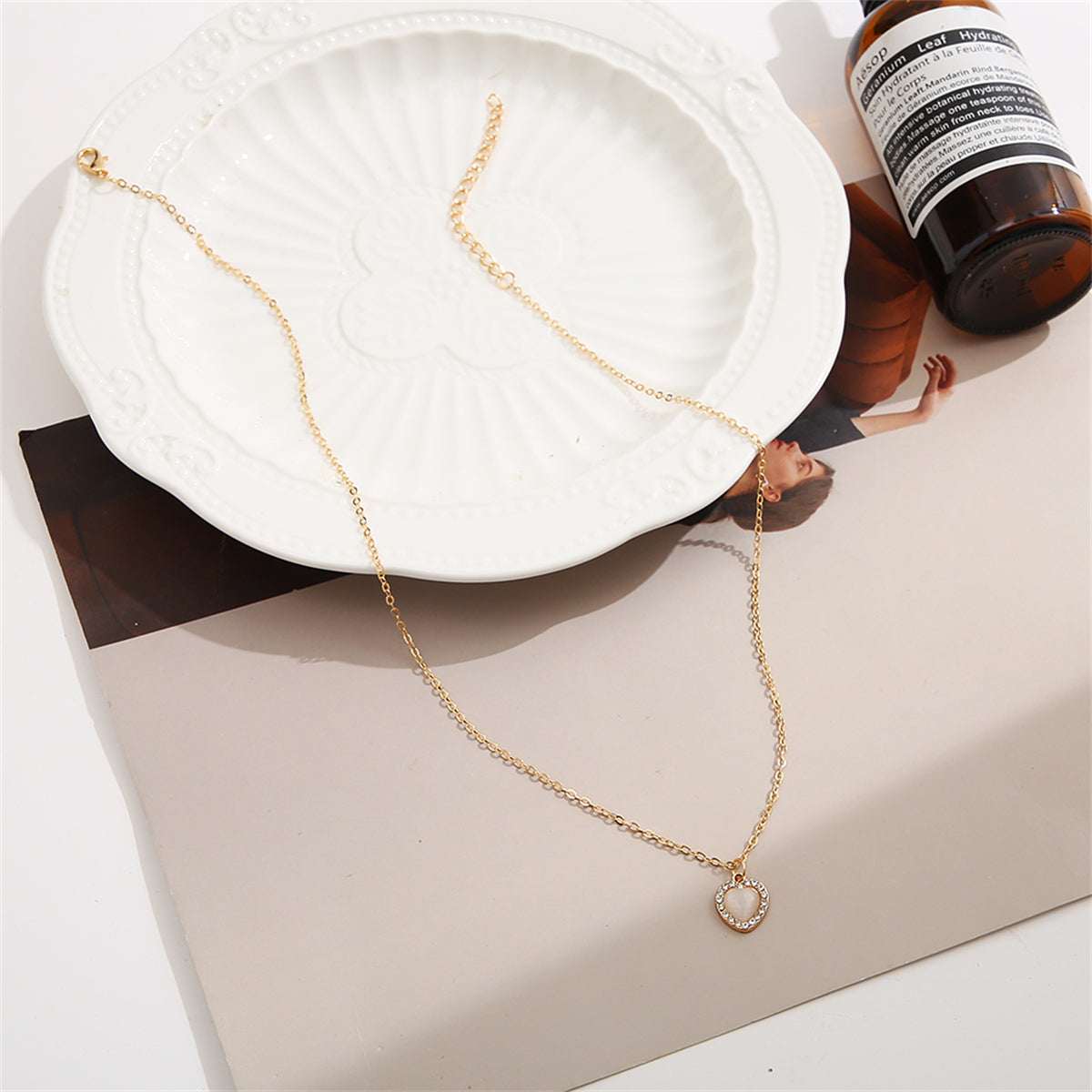 White Cats Eye & Cubic Zirconia Goldtone Heart Pendant Necklace