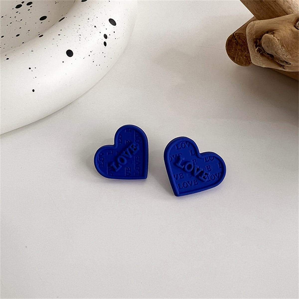 Blue Enamel & Silvertone 'Love' Heart Stud Earrings