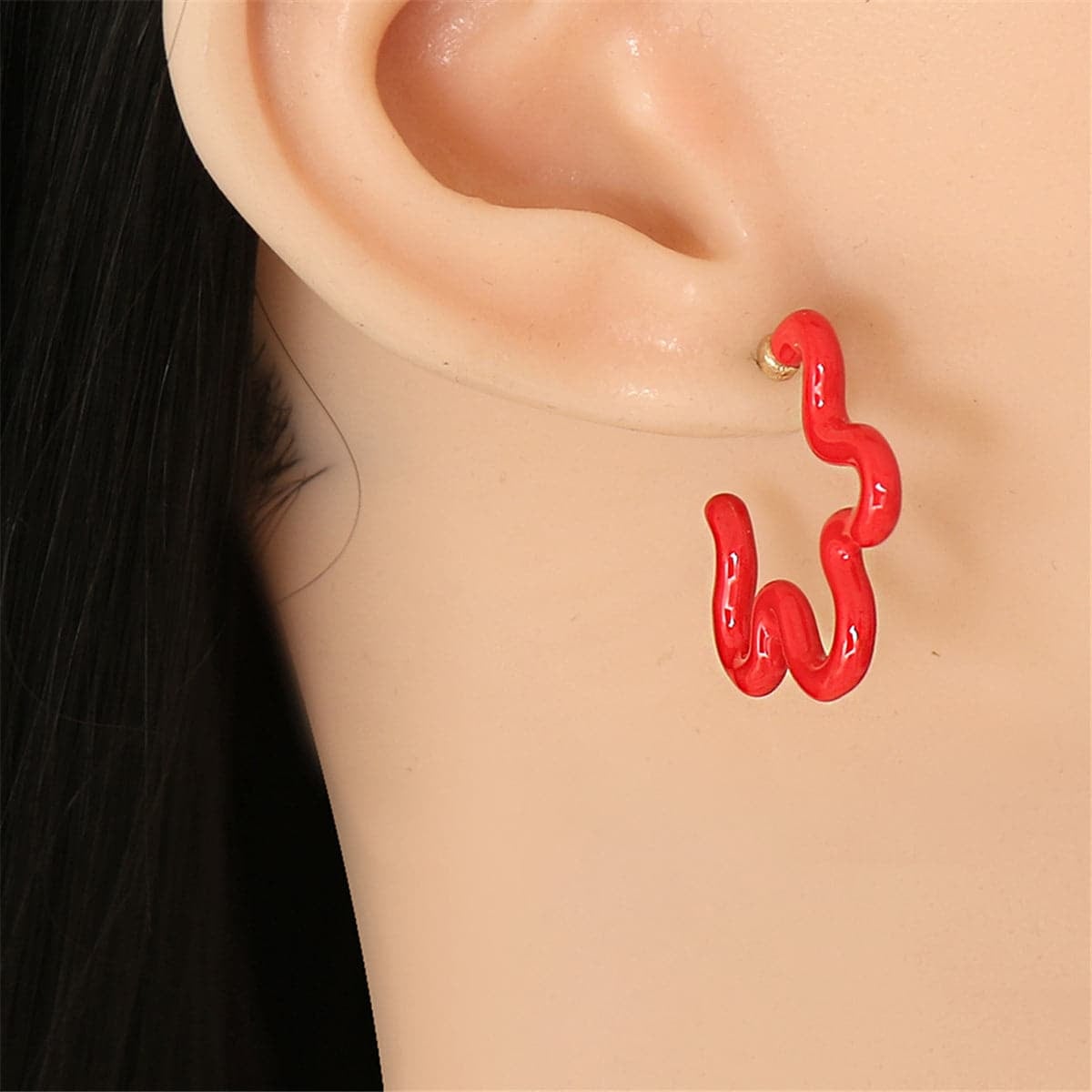 Red Enamel & Goldtone Open Flower Stud Earrings
