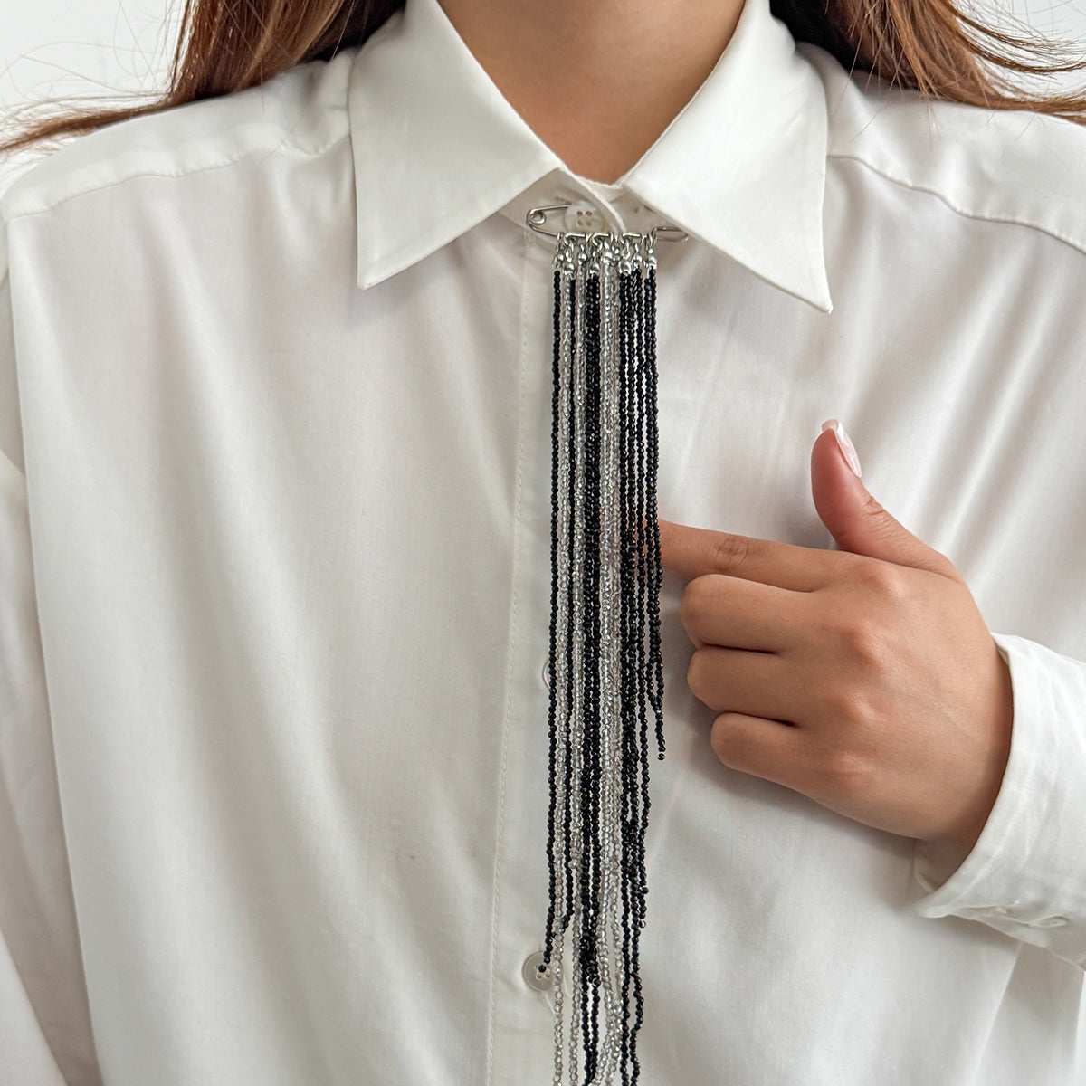 Black & White Acrylic Silvertone Tassel Pin Brooch