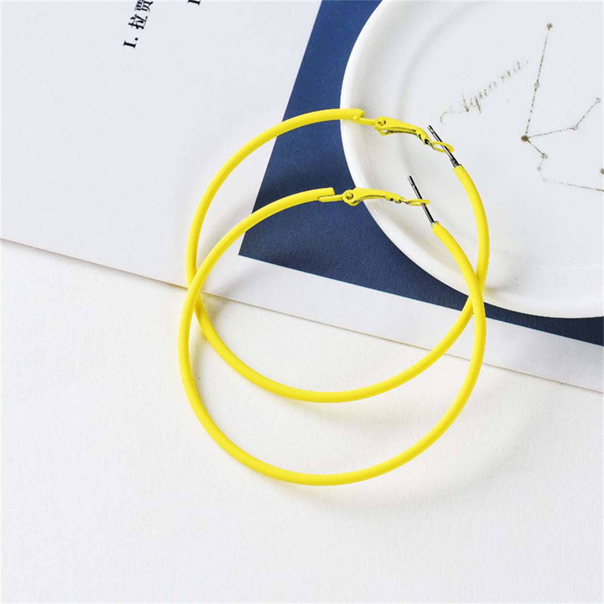 Yellow Enamel & Silvertone Hoop Earrings