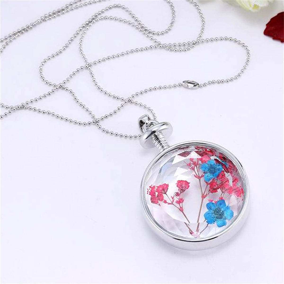 Purple & Red Pressed Peach Flower Round Pendant Necklace