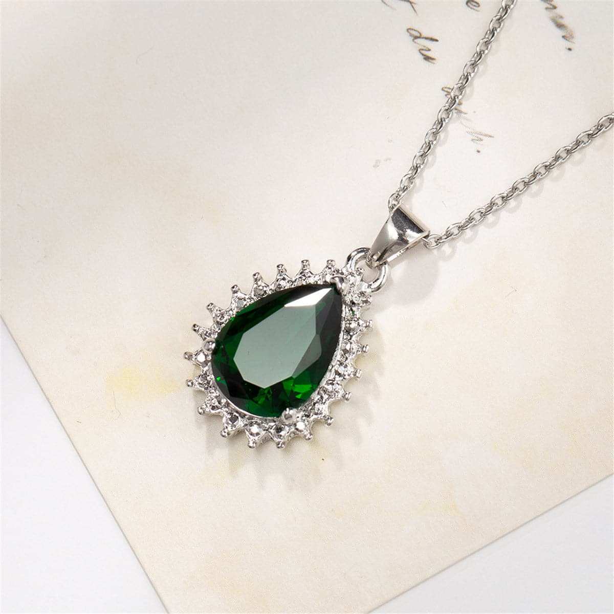 Green Crystal & Silvertone Pear-Cut Halo Pendant Necklace