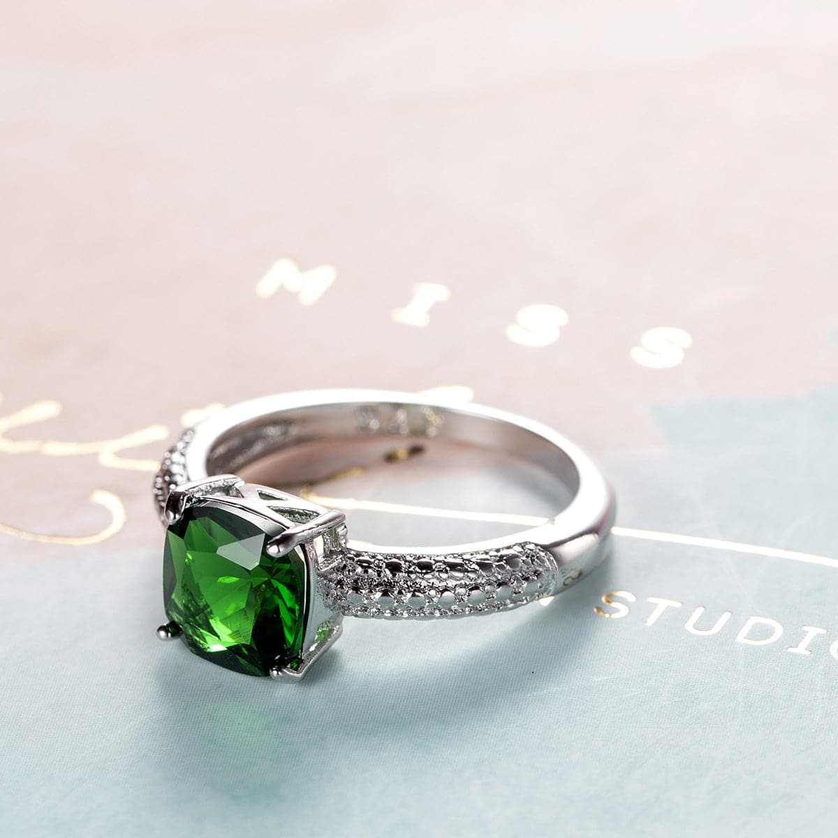 Green Crystal & Silvertone Cushion-Cut Cocktail Ring