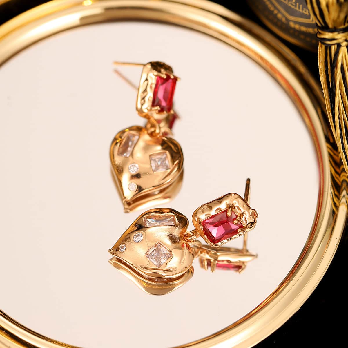 Pink Crystal & Cubic Zirconia Goldtone Heart Dangle Earrings